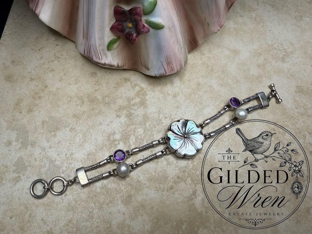 Vintage Sterling Silver Abalone Flower Bracelet Amethyst Pearl 925 Double Cable